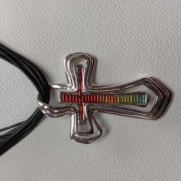 Colorful Cross Pendant Necklace on Multi-Strand Black Cord - Picture 3 of 10